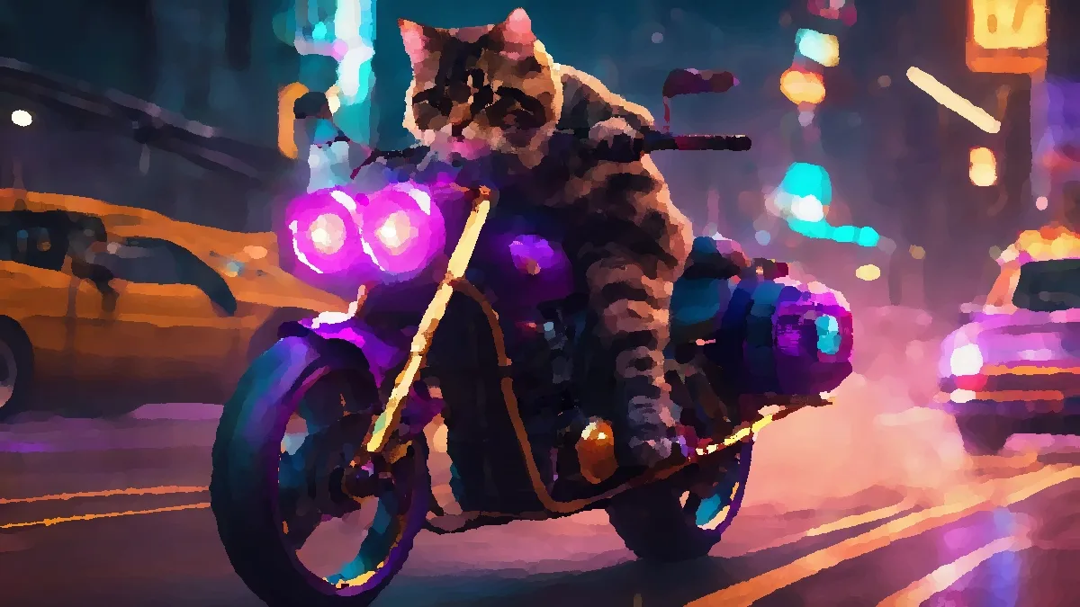 AI Image. A cyberpunk brown/gold subtly striped Siberian cat white under the chin riding a chopper bike, with goggles, mischevious grin, waving his paws in the air like he just don't care, with sparks, neon, LEDs and electric cables on the bike, cloudy dramatic sky
