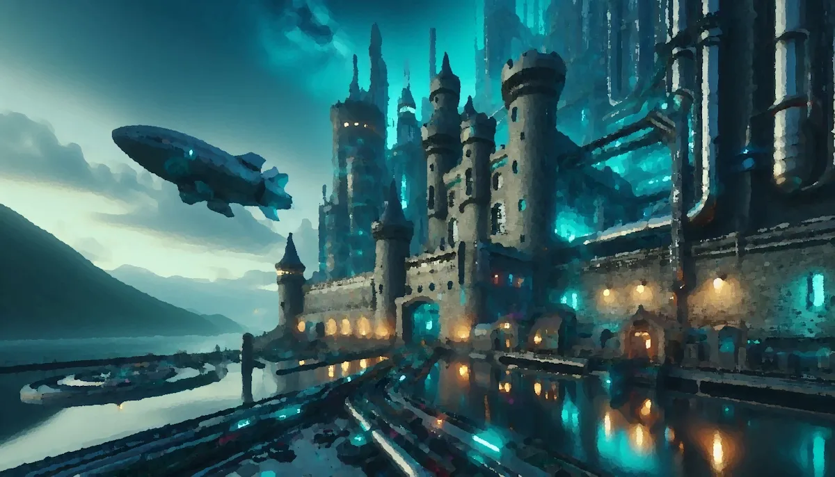 AI Image. Shows a castle in the future with square turrets, modern upgrades with glass, neon and metal pipework. Cloudy dramatic sky with an airship and a distant rocket going into space.