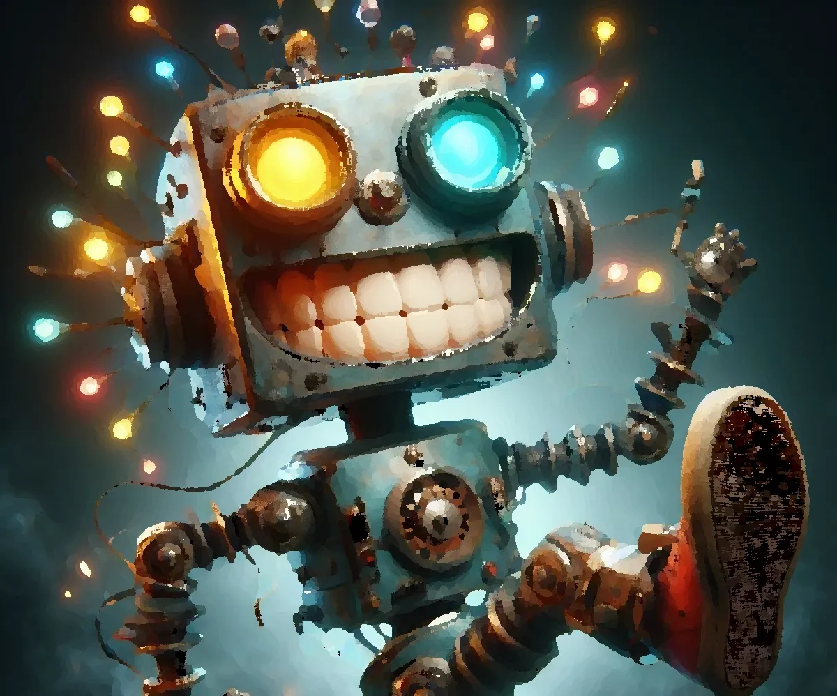 AI Image. A happy and slightly manic steampunk robot leaning in so its face is forward. Lots of neon, bulbs and LEDs. The robot has a metal body with gears, pipes, and wires. Its eyes are glowing with different colors and its mouth is wide open with a grin. The background is dark and smoky, with sparks and steam coming out of the robot's head.